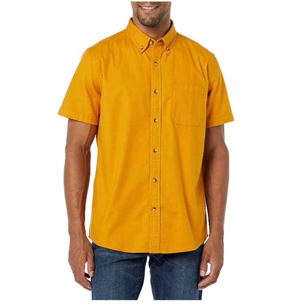Short Sleeve Stretch Oxford Button-Up Shirt in Mustard Yellow